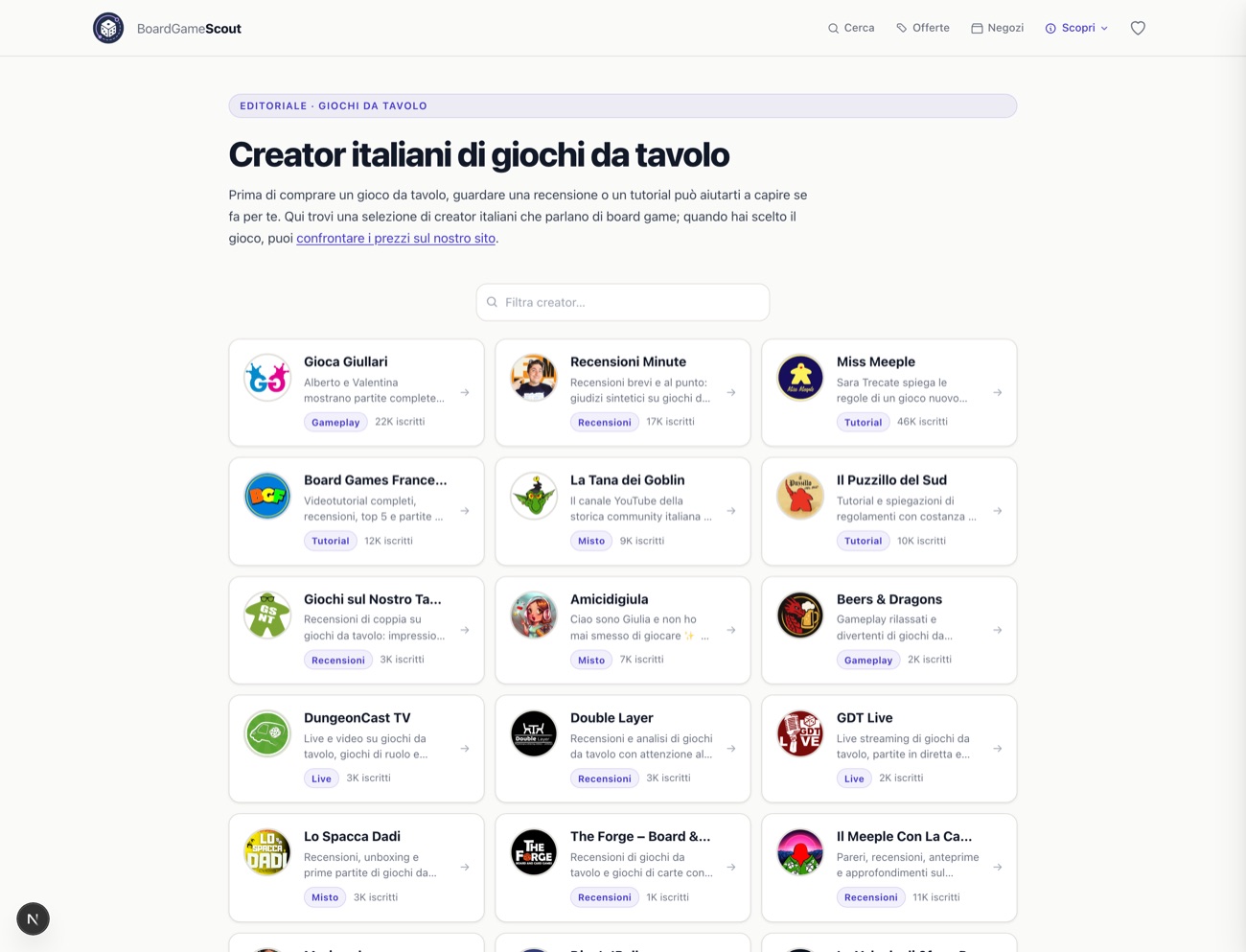 Directory dei creator italiani di giochi da tavolo su BoardGameScout