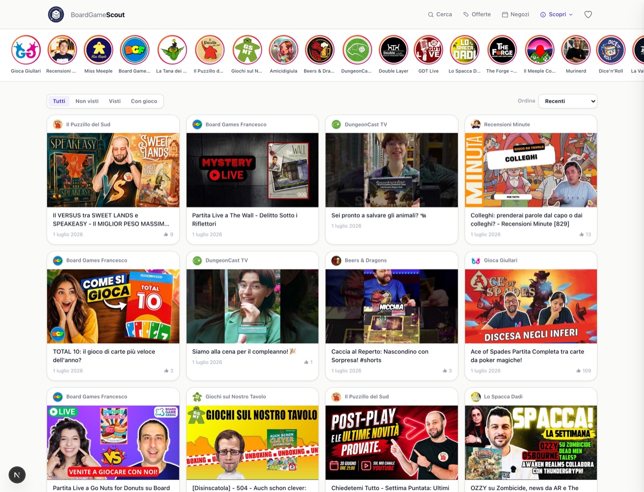 Feed video dei creator di giochi da tavolo su BoardGameScout