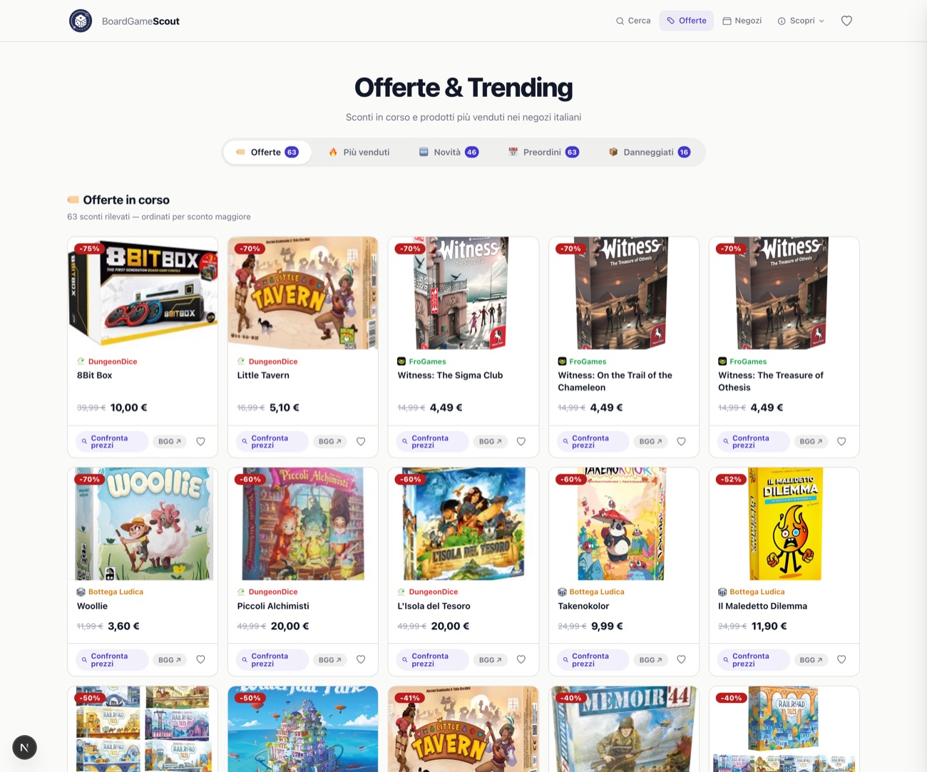 Pagina offerte di BoardGameScout con tanti giochi scontati