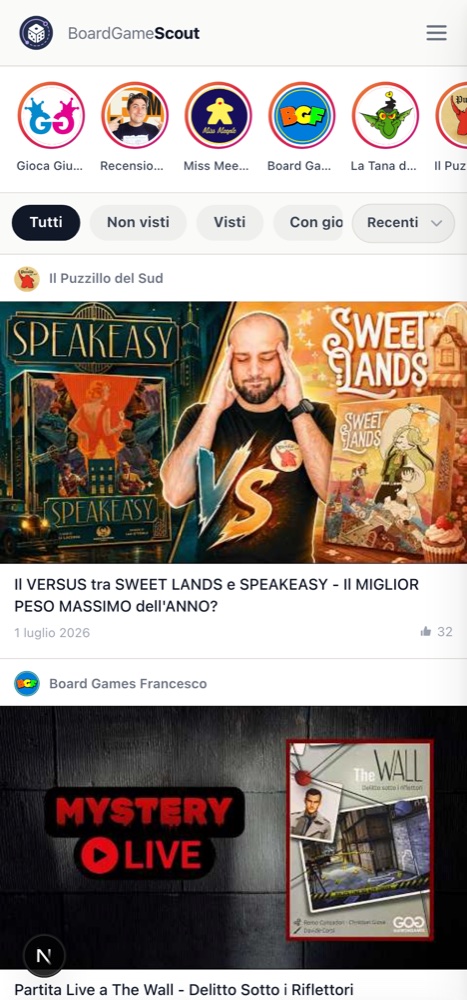 Feed video dei creator di giochi da tavolo