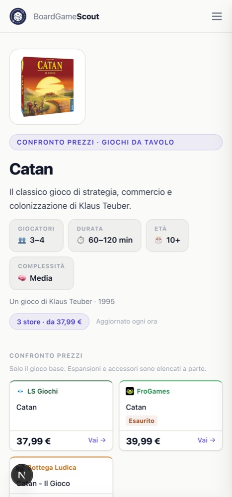 Scheda gioco di Catan con confronto prezzi tra negozi
